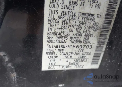2006 Nissan Pathfinder Se z USA, uszkodzony, nr VIN 5N1AR18W76C669703
